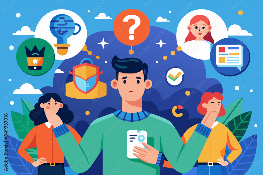 Poster a man holding a phone with a lot of people around him, explore the themeidentity as a character grap