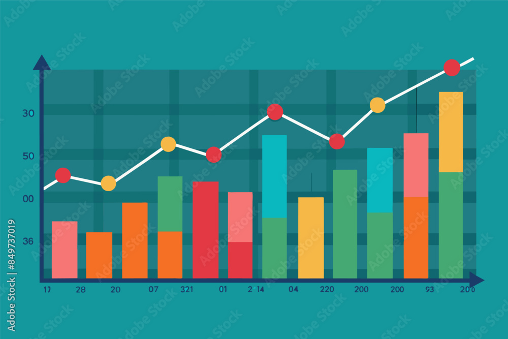 Poster a bar chart with a line graph on it, line graph to visualize trends or changes over time
