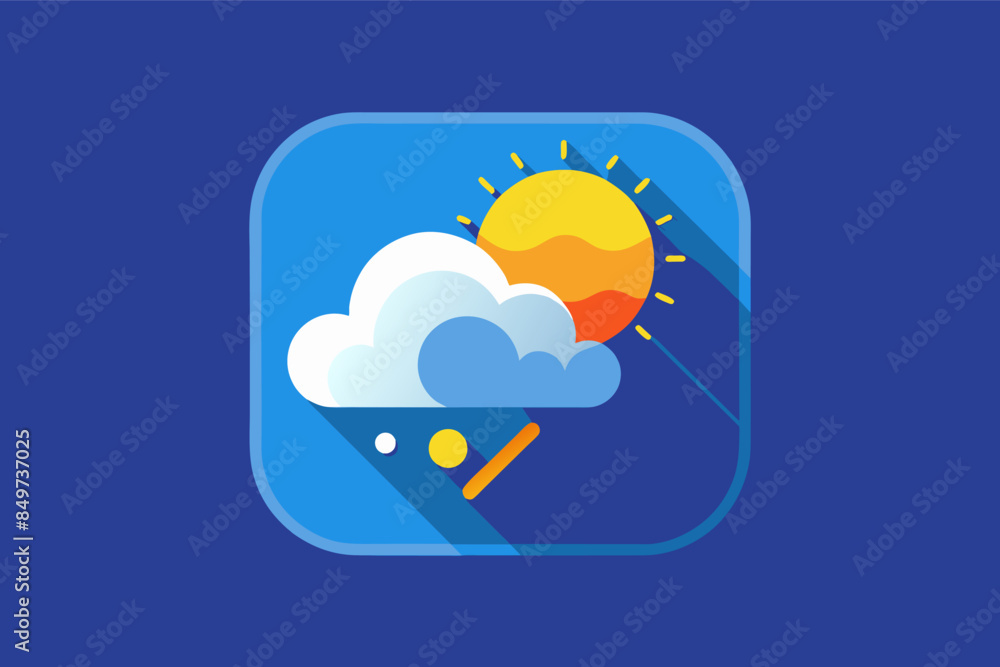Poster a blue square with a sun and clouds, minimalist icon for a weather app that reflects current weather