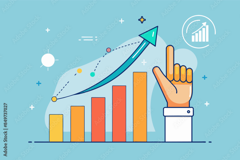 Poster a hand pointing at a bar chart with a arrow going up, Minimalist vector artworkline graph trending upwards with a hand reaching up, signifying active participation in change