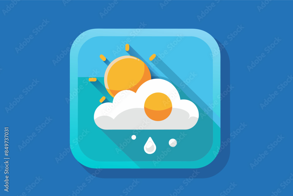Poster a blue square with a sun and clouds, minimalist icon for a weather app that reflects current weather