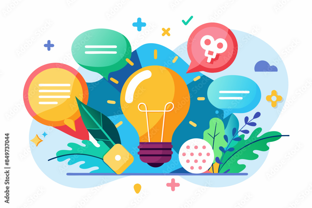 Poster a light bulb surrounded by speech bubbles and plants, Playful vector artworkspeech bubble with a lightbulb inside, symbolizing sharing ideas and promoting innovation