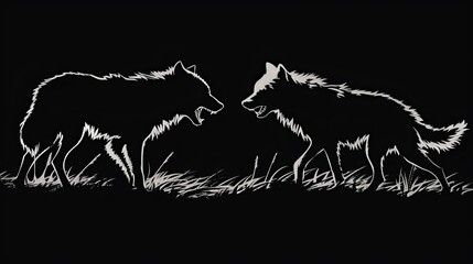 Alpha wolf fight against opponent vector silhouette illustration isolated on black background. Beast battle for mating with female. Shape male wolf VS dog fight, shepherd shadow protect sheep. 