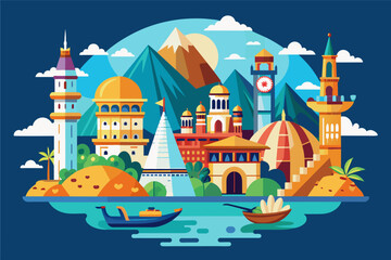 a city with mountains and boats, vector illustrations for a travel website, highlighting popular destinations