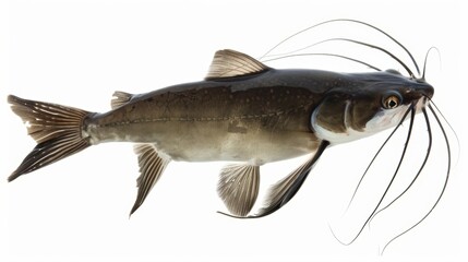 Majestic catfish gracefully glides through the water, its lengthy whiskers elegantly trailing behind, showcasing its impressive size and intricate features against a crisp white background