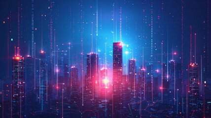 Obraz premium communication and network connection concept, a city skyline with jumping network lines illustated.generative ai