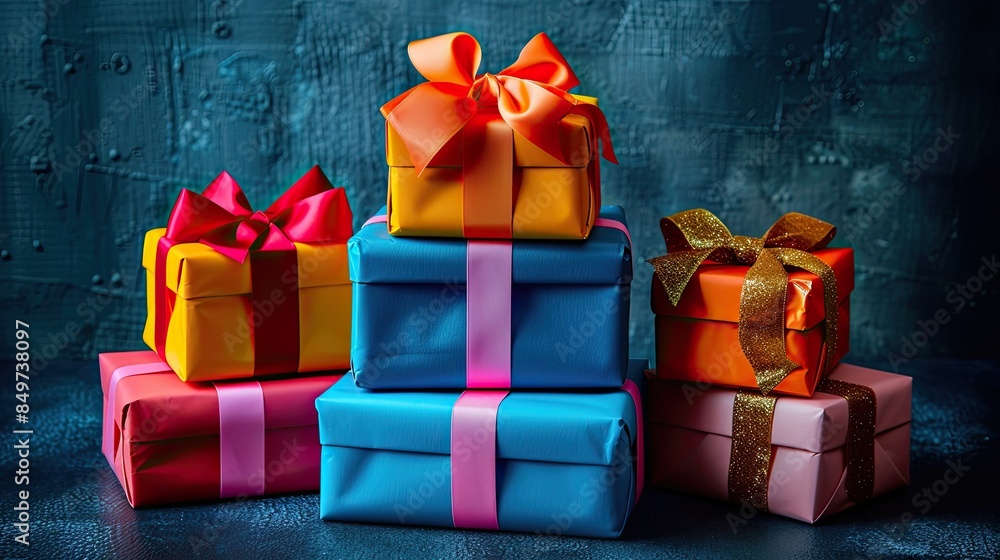 Poster a stack of colorful presents with ribbons on top. the presents are of different sizes and colors, an