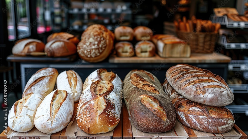Aufkleber a variety of breads are displayed on a wooden table. the breads are of different shapes and sizes, a