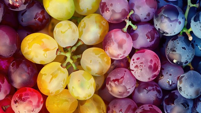 Fresh food collage of colourful grapes. Rainbow wallpaper banner background with copyspace