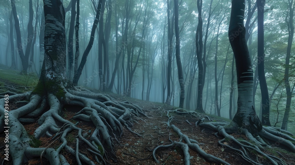 Poster a forest with trees and roots on the ground. scene is dark and mysterious