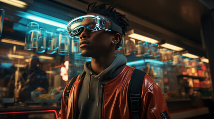 Fototapeta premium A person wearing reality glasses in a futuristic retail store