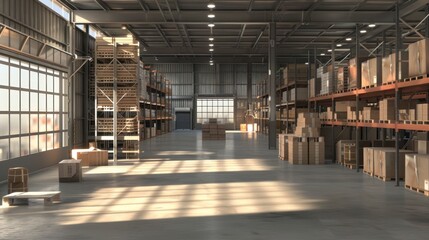 Warehouse interior with shelves, pallets, and boxes. Light modern warehouse logistics transportation distribution packaging centre interior