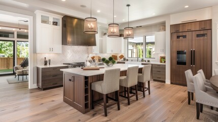 Beautiful Kitchen interior in beautiful new luxury home with kitchen island and wooden floor, bright modern minimal style, with copy space