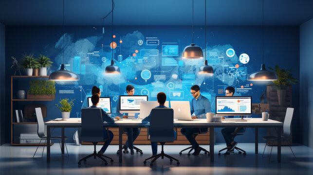 A finance team analyzes a project with diagrams and documents on multiple screens
