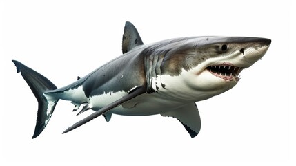 Great white shark swimming gracefully with its mouth open, showcasing its sharp teeth against a clean white background