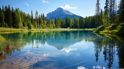 Fototapeta premium Majestic mountain peak reflects in tranquil blue pond, AI Generative