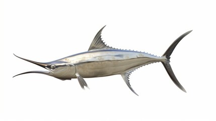 Obraz premium Shiny metal fish sculpture on a white background, with open mouth and intricate details. Perfect for adding a unique touch to any space