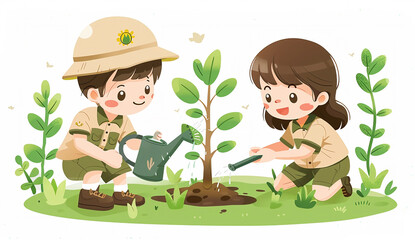 Cute cartoon vector illustration of children planting a tree for World Tree Day.
