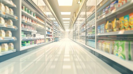 Beautiful woman taking food in supermarket. blurred style