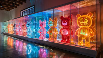 long open cabinet with emoji sculpture toys in each box frame backlit from behind in colorful lights.generative ai