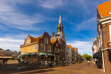 Fototapeta premium Picturesque landscape of the city streets of a small provincial town of Delft, Netherlands
