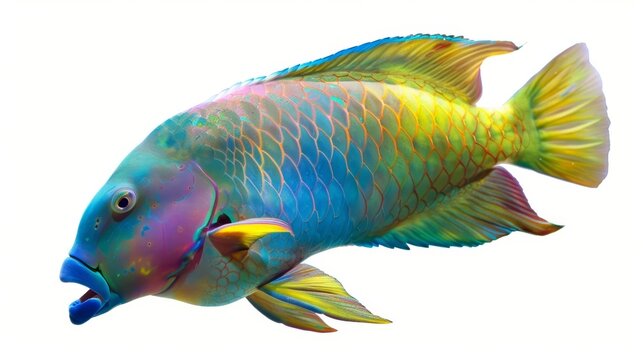 Rainbow parrotfish is swimming with its mouth open, showing its beautiful colors