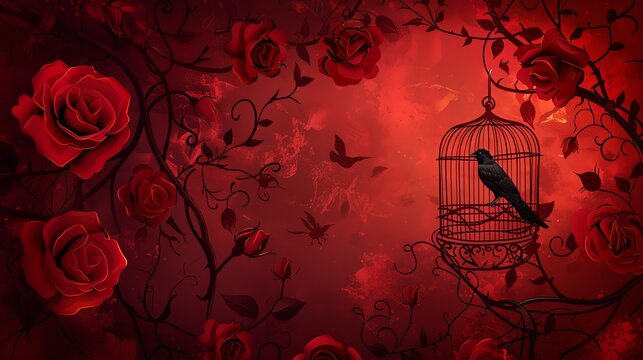 A black bird sits in a cage among red roses in a dark, romantic setting.