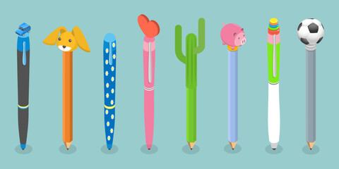 3D Isometric Flat Vector Set of Various Kawaii Pens, Stationery for School and Work
