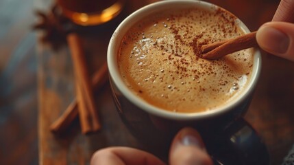 Stirring coffee with cinnamon in cup, close up 
