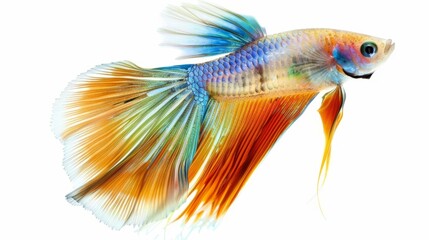 Colorful betta fish swimming against a white background showing its beautiful finnage