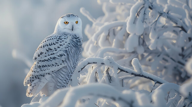 Harfang des Neiges sur une Branche Hivernale