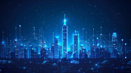 communication and network connection concept, a city skyline with jumping network lines illustated.generative ai