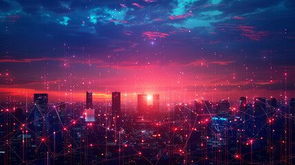 Fototapeta premium communication and network connection concept, a city skyline with jumping network lines illustated.generative ai