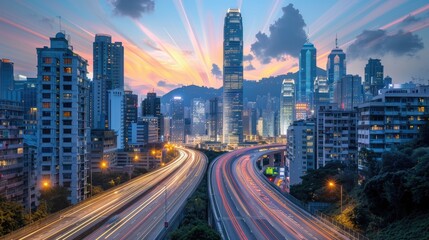 Fototapeta premium A city skyline with a highway in the middle and a sunset in the background. The city is lit up with lights and the sky is filled with clouds