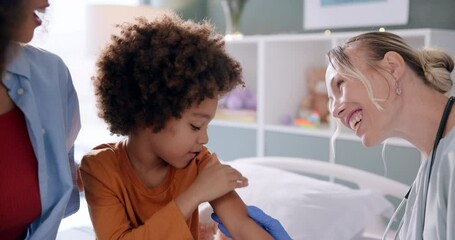 Doctor, child and patient with smile for injection or vaccination for support and trust. Parent, pediatrician and kid with happiness for healthcare, treatment and care for immune system in hospital - Powered by Adobe