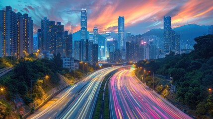 Fototapeta premium A city street with a long highway and a beautiful sunset in the background. The city is lit up with lights and the sky is filled with a warm orange glow