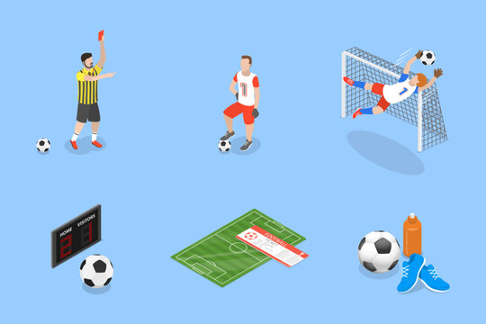 3D Isometric Flat Vector Set of Soccer Elements and Players, Team Sports