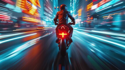 Obraz premium Motorcycle Rider in a City of Neon Lights