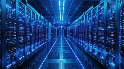 Server Room with Rows of Blue-Lit Racks