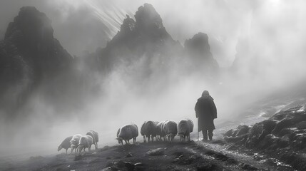 Magical Journey with a Shepherd and Sheep in Misty Mountains