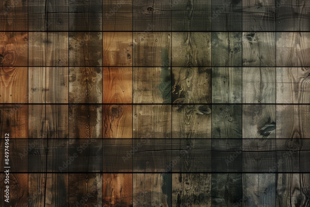Poster textured background of a checkered pattern wooden wall showing signs of weathering and a variety of 