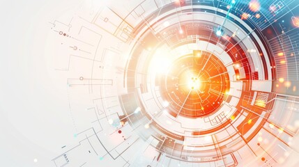 Depicts a radial tech layout with bright central core suggesting concepts of energy, central processing, and control systems