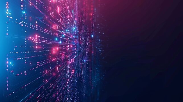 An abstract representation of an explosion in a digital realm with colorful data points and binary code