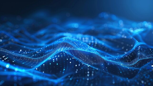 An intricate blue digital wave with a glowing dotted pattern gives off a sense of advanced technology and connection