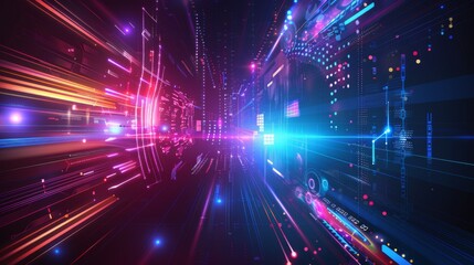 Naklejka premium Deep hues and bright lights create the illusion of a data stream at high velocity
