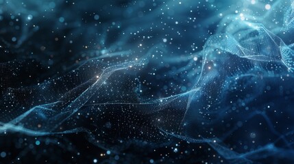 A scenic digital landscape with blue hues of a network with floating particles suggesting data flow