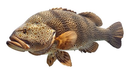 Close-up view of a magnificent giant grouper fish swimming gracefully in an aquarium, displaying intricate details against a pristine white backdrop
