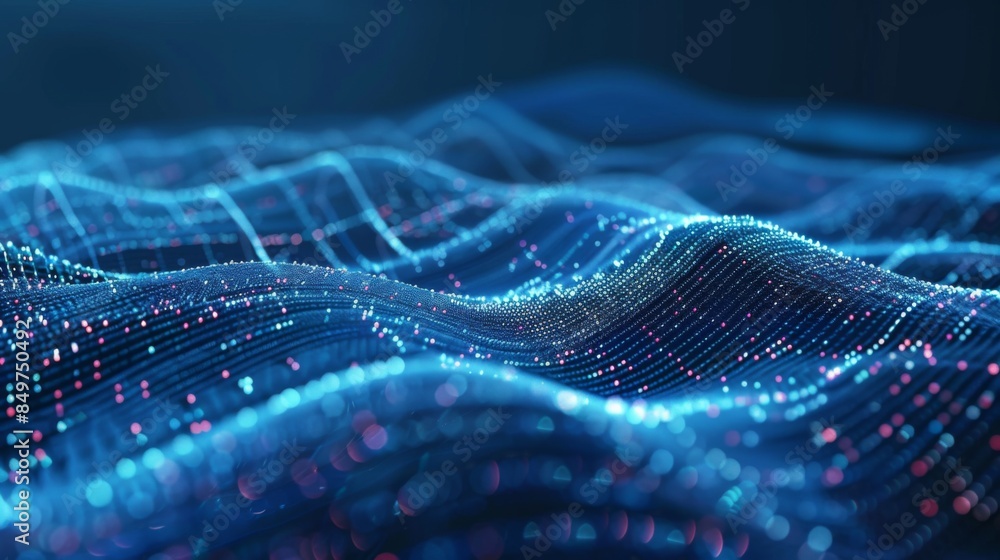 Wall mural a contemporary abstract image with a wave of blue glowing particles simulating digital activity
