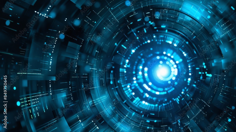 Wall mural blue abstract tech-inspired background with digital elements and circular motion, conveying advanced