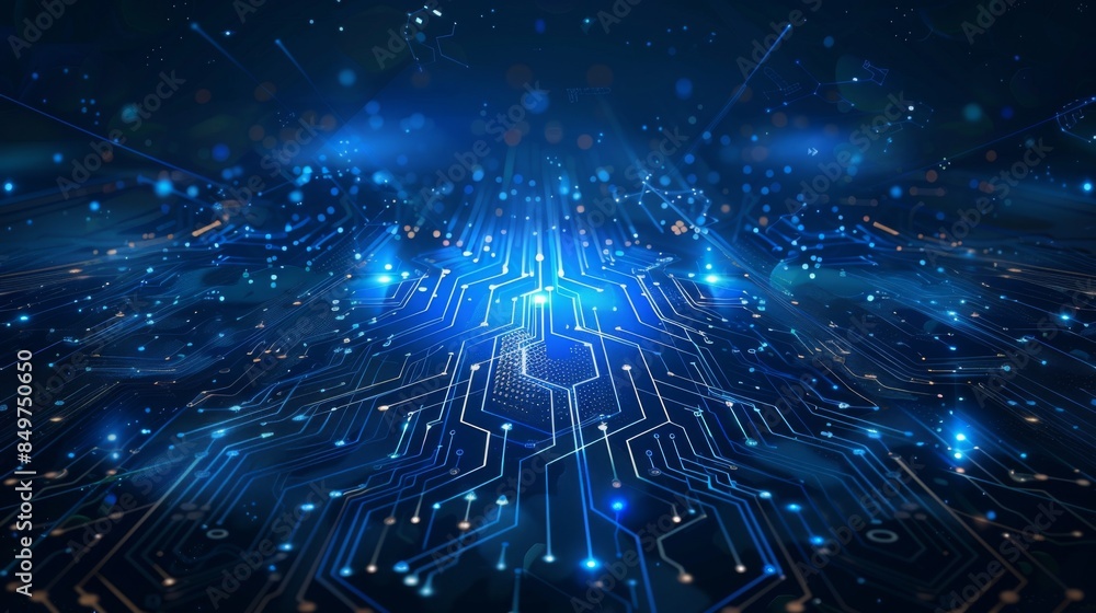 Wall mural complex network of connected points and lines on a dark blue backdrop, resembling a digital circuit 